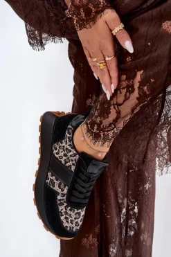 Zamszowe Sneakersy Damskie Na Platformie Panterka Vinceza 66793 Czarne