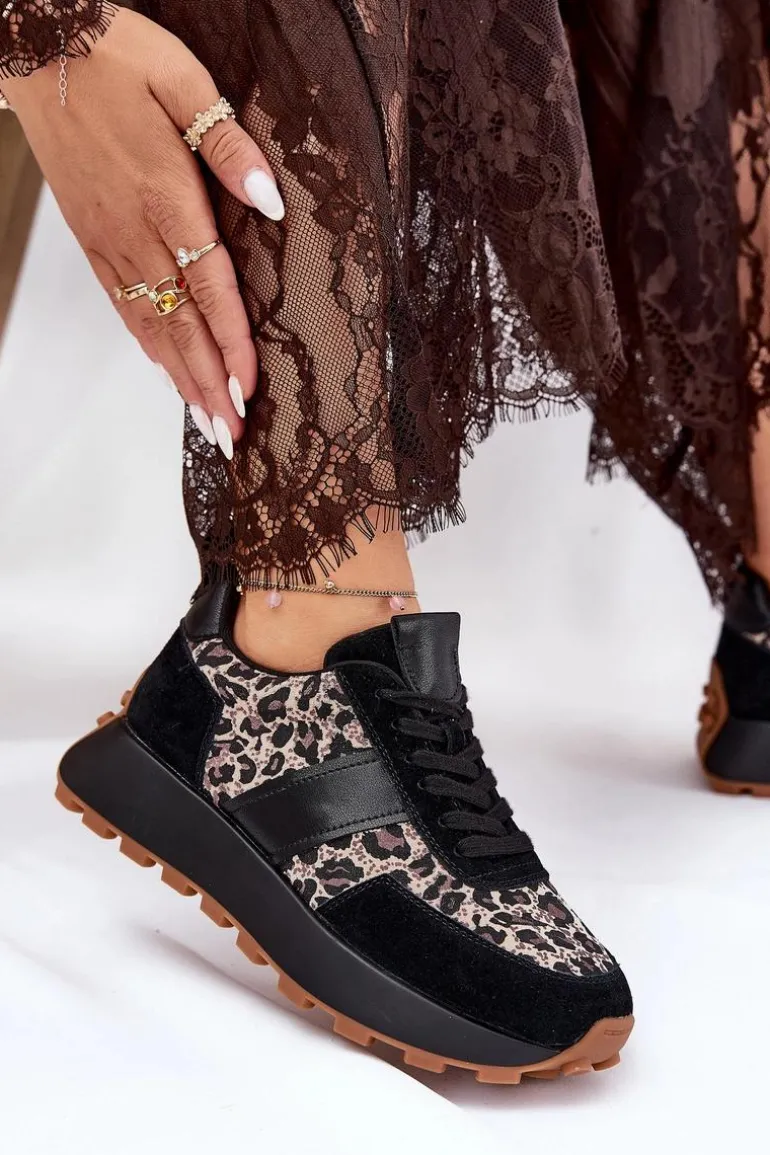 Zamszowe Sneakersy Damskie Na Platformie Panterka Vinceza 66793 Czarne