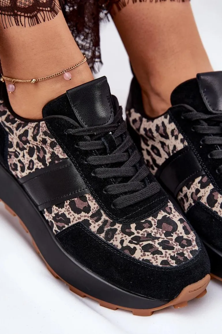 Zamszowe Sneakersy Damskie Na Platformie Panterka Vinceza 66793 Czarne