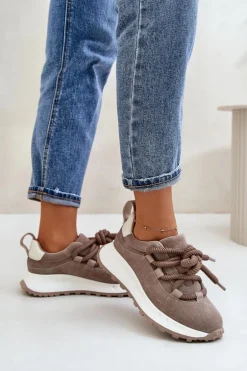 Zamszowe Sneakersy Damskie Z Grubym Sznurowaniem Artiker 54C1409 Beżowe