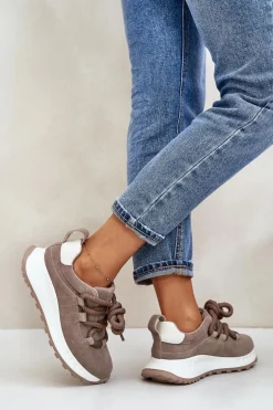 Zamszowe Sneakersy Damskie Z Grubym Sznurowaniem Artiker 54C1409 Beżowe