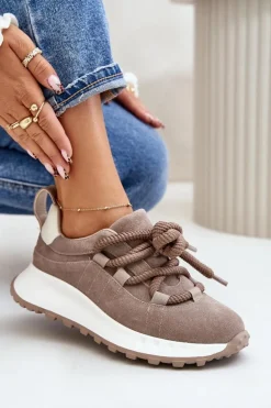 Zamszowe Sneakersy Damskie Z Grubym Sznurowaniem Artiker 54C1409 Beżowe
