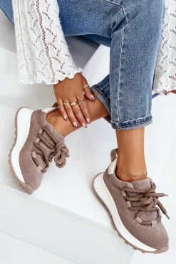 Zamszowe Sneakersy Damskie Z Grubym Sznurowaniem Artiker 54C1409 Beżowe