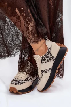 Zamszowe Sneakersy Damskie Na Platformie Panterka Vinceza 66793 Beżowe