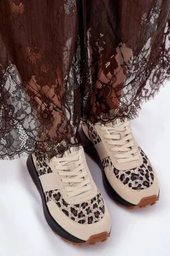 Zamszowe Sneakersy Damskie Na Platformie Panterka Vinceza 66793 Beżowe