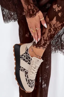 Zamszowe Sneakersy Damskie Na Platformie Panterka Vinceza 66793 Beżowe