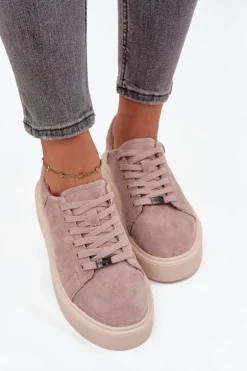 Zamszowe Sneakersy Damskie Na Platformie Vinceza 79578 Beżowe