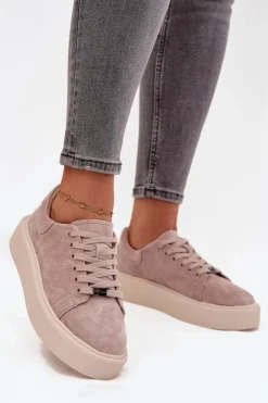 Zamszowe Sneakersy Damskie Na Platformie Vinceza 79578 Beżowe