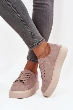 Zamszowe Sneakersy Damskie Na Platformie Vinceza 79578 Beżowe