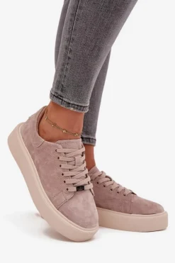 Zamszowe Sneakersy Damskie Na Platformie Vinceza 79578 Beżowe