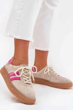 Zamszowe Sneakersy Damskie Na Platformie Beżowo-Różowe Cavira