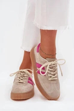 Zamszowe Sneakersy Damskie Na Platformie Beżowo-Różowe Cavira