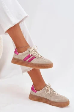 Zamszowe Sneakersy Damskie Na Platformie Beżowo-Różowe Cavira