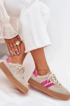 Zamszowe Sneakersy Damskie Na Platformie Beżowo-Różowe Cavira