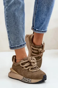 Zamszowe Sneakersy Damskie Na Platformie Z Grubym Sznurowaniem Artiker 54C1466 Jasnobrązowe
