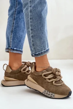 Zamszowe Sneakersy Damskie Na Platformie Z Grubym Sznurowaniem Artiker 54C1466 Jasnobrązowe