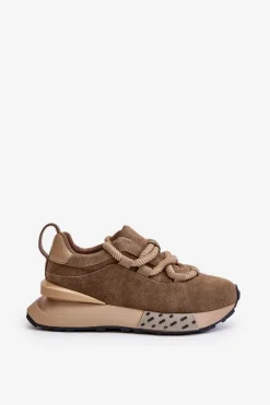 Zamszowe Sneakersy Damskie Na Platformie Z Grubym Sznurowaniem Artiker 54C1466 Jasnobrązowe
