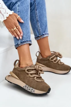 Zamszowe Sneakersy Damskie Na Platformie Z Grubym Sznurowaniem Artiker 54C1466 Jasnobrązowe