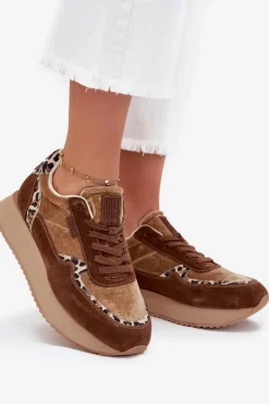 Zamszowe Sneakersy Damskie Big Star OO274A313 HI-POLY SYSTEM Brązowe Panterka