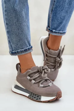 Zamszowe Sneakersy Damskie Na Platformie Z Grubym Sznurowaniem Artiker 54C1463 Szare