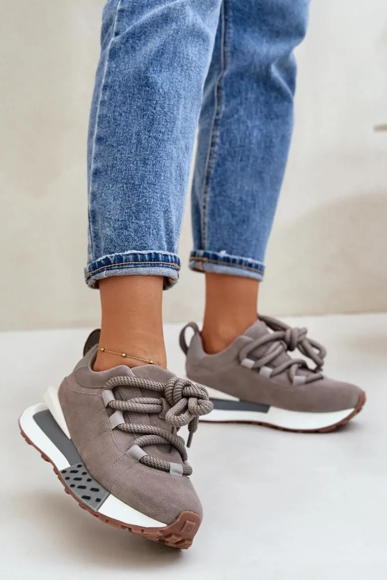 Zamszowe Sneakersy Damskie Na Platformie Z Grubym Sznurowaniem Artiker 54C1463 Szare