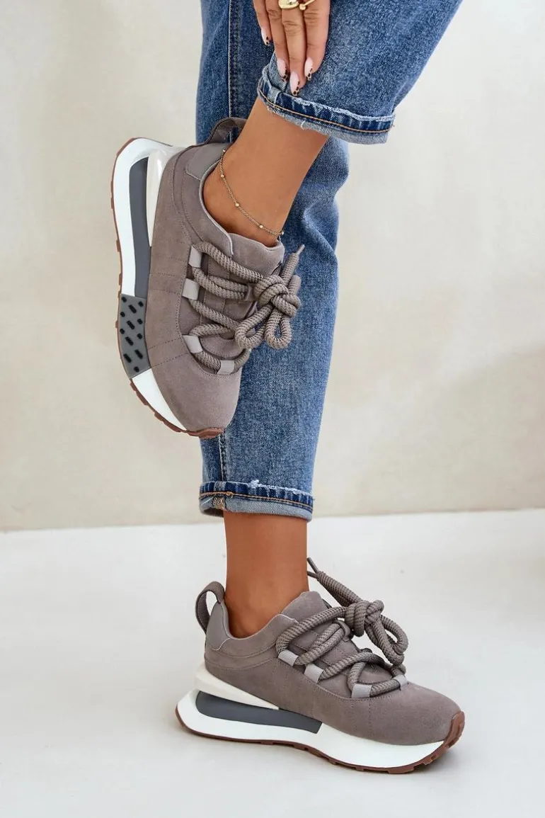 Zamszowe Sneakersy Damskie Na Platformie Z Grubym Sznurowaniem Artiker 54C1463 Szare