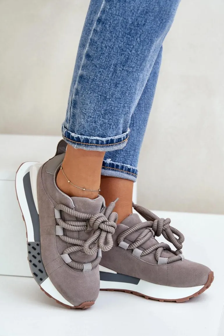 Zamszowe Sneakersy Damskie Na Platformie Z Grubym Sznurowaniem Artiker 54C1463 Szare