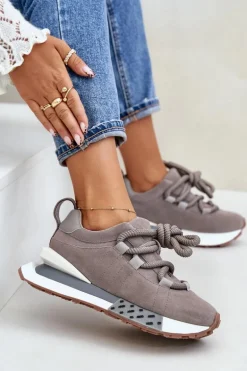 Zamszowe Sneakersy Damskie Na Platformie Z Grubym Sznurowaniem Artiker 54C1463 Szare