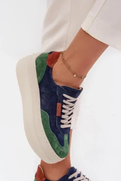 Zamszowe Sneakersy Damskie Na Platformie Zazoo N1269S3 Zielono-Granatowe