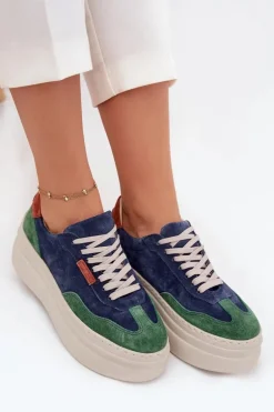 Zamszowe Sneakersy Damskie Na Platformie Zazoo N1269S3 Zielono-Granatowe