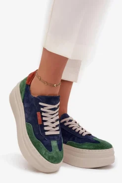 Zamszowe Sneakersy Damskie Na Platformie Zazoo N1269S3 Zielono-Granatowe