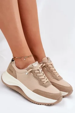 Zamszowe Sneakersy Damskie Na Platformie Big Star RR274A345 HI-POLY SYSTEM Ciemnobeżowe