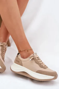 Zamszowe Sneakersy Damskie Na Platformie Big Star RR274A345 HI-POLY SYSTEM Ciemnobeżowe