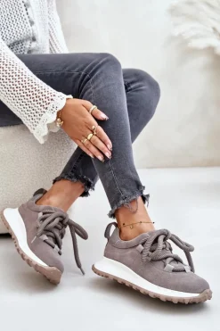 Zamszowe Sneakersy Damskie Z Grubym Sznurowaniem Artiker 54C1465 Szare