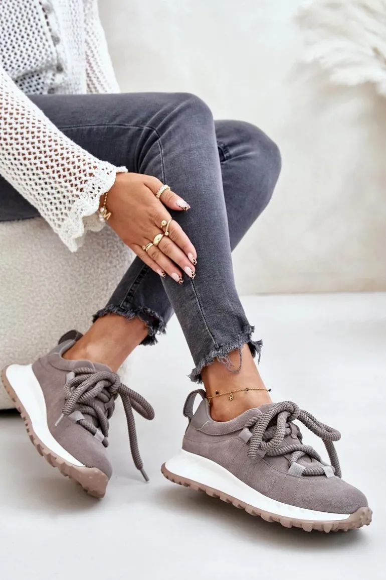 Zamszowe Sneakersy Damskie Z Grubym Sznurowaniem Artiker 54C1465 Szare