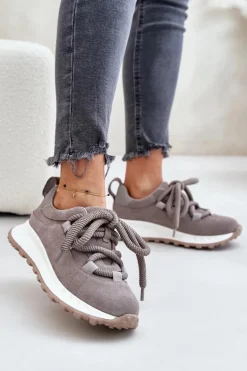 Zamszowe Sneakersy Damskie Z Grubym Sznurowaniem Artiker 54C1465 Szare