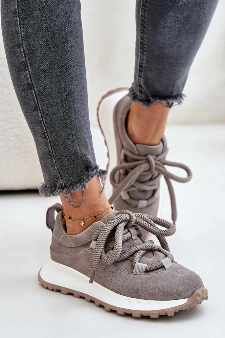 Zamszowe Sneakersy Damskie Z Grubym Sznurowaniem Artiker 54C1465 Szare