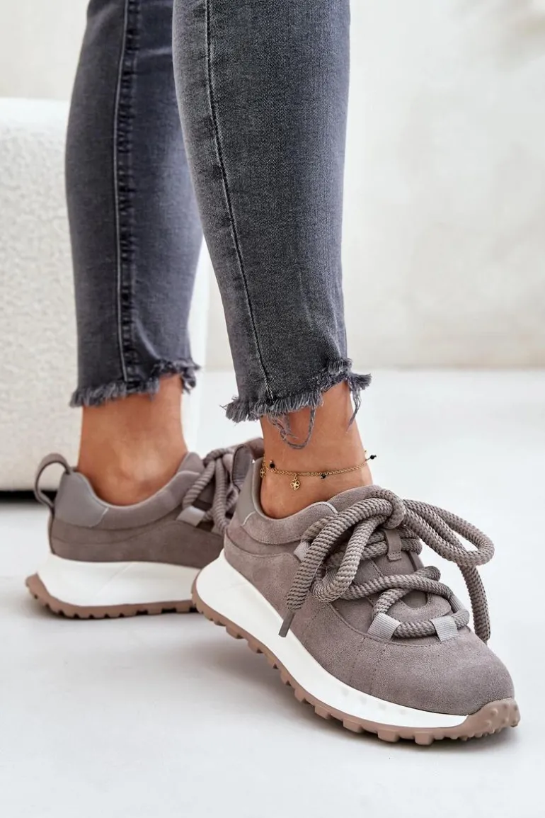 Zamszowe Sneakersy Damskie Z Grubym Sznurowaniem Artiker 54C1465 Szare