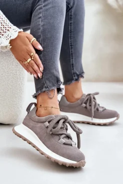 Zamszowe Sneakersy Damskie Z Grubym Sznurowaniem Artiker 54C1465 Szare