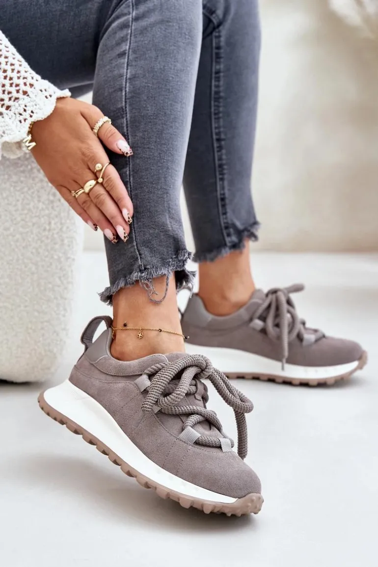 Zamszowe Sneakersy Damskie Z Grubym Sznurowaniem Artiker 54C1465 Szare
