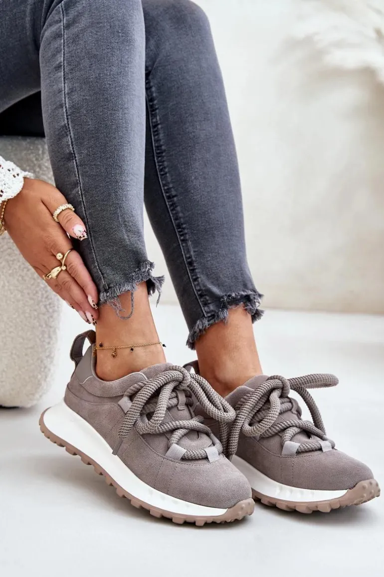 Zamszowe Sneakersy Damskie Z Grubym Sznurowaniem Artiker 54C1465 Szare