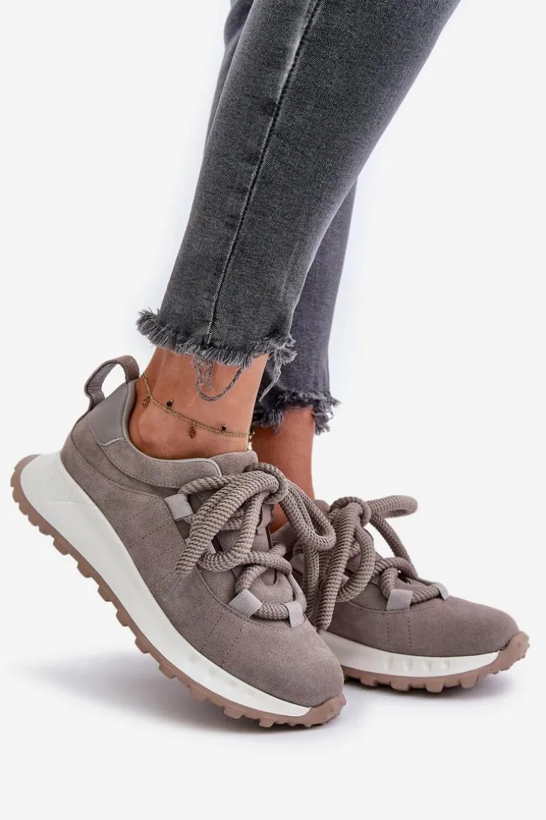 Zamszowe Sneakersy Damskie Z Grubym Sznurowaniem Artiker 54C1465 Szare