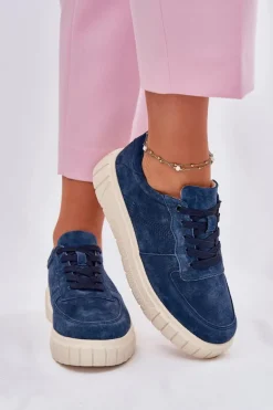 Zamszowe Sneakersy Damskie Na Platformie Granatowe Rilwena