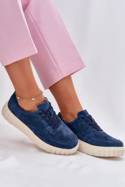 Zamszowe Sneakersy Damskie Na Platformie Granatowe Rilwena