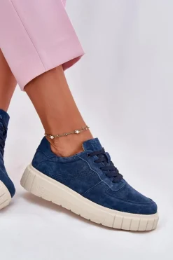 Zamszowe Sneakersy Damskie Na Platformie Granatowe Rilwena