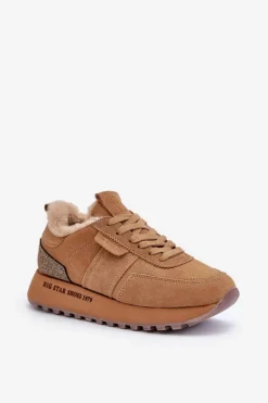 Zamszowe Sneakersy Damskie Z Futerkiem I Błyszczącym Elementem Big Star OO274578 Hi-Poly System Camel