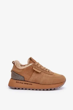 Zamszowe Sneakersy Damskie Z Futerkiem I Błyszczącym Elementem Big Star OO274578 Hi-Poly System Camel