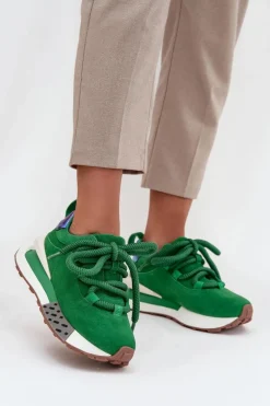 Zamszowe Sneakersy Damskie Na Platformie Z Grubym Sznurowaniem Artiker 55C0136 Zielone