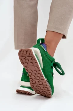 Zamszowe Sneakersy Damskie Na Platformie Z Grubym Sznurowaniem Artiker 55C0136 Zielone