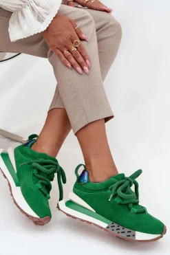 Zamszowe Sneakersy Damskie Na Platformie Z Grubym Sznurowaniem Artiker 55C0136 Zielone